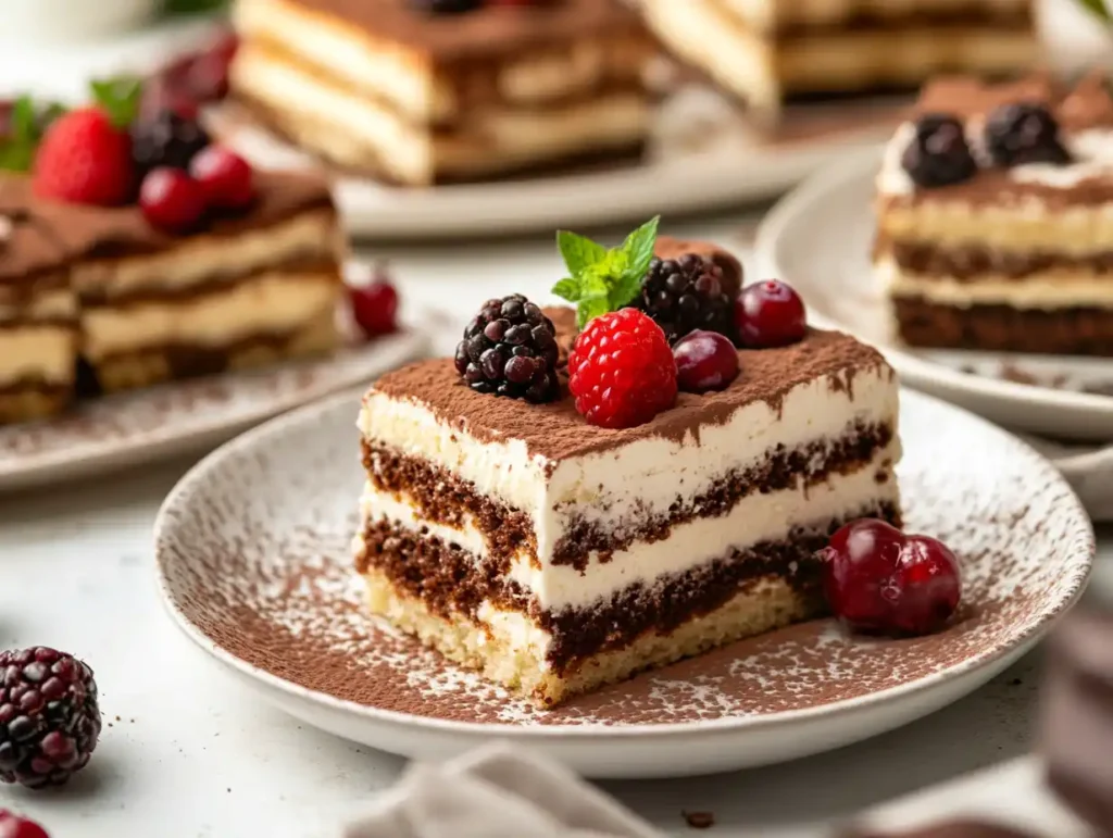 Chocolate and berry tiramisu variations on display