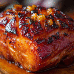 Pineapple glazed ham baked with caramelized pineapple slices and sweet brown sugar sauce, holiday dinner centerpiece