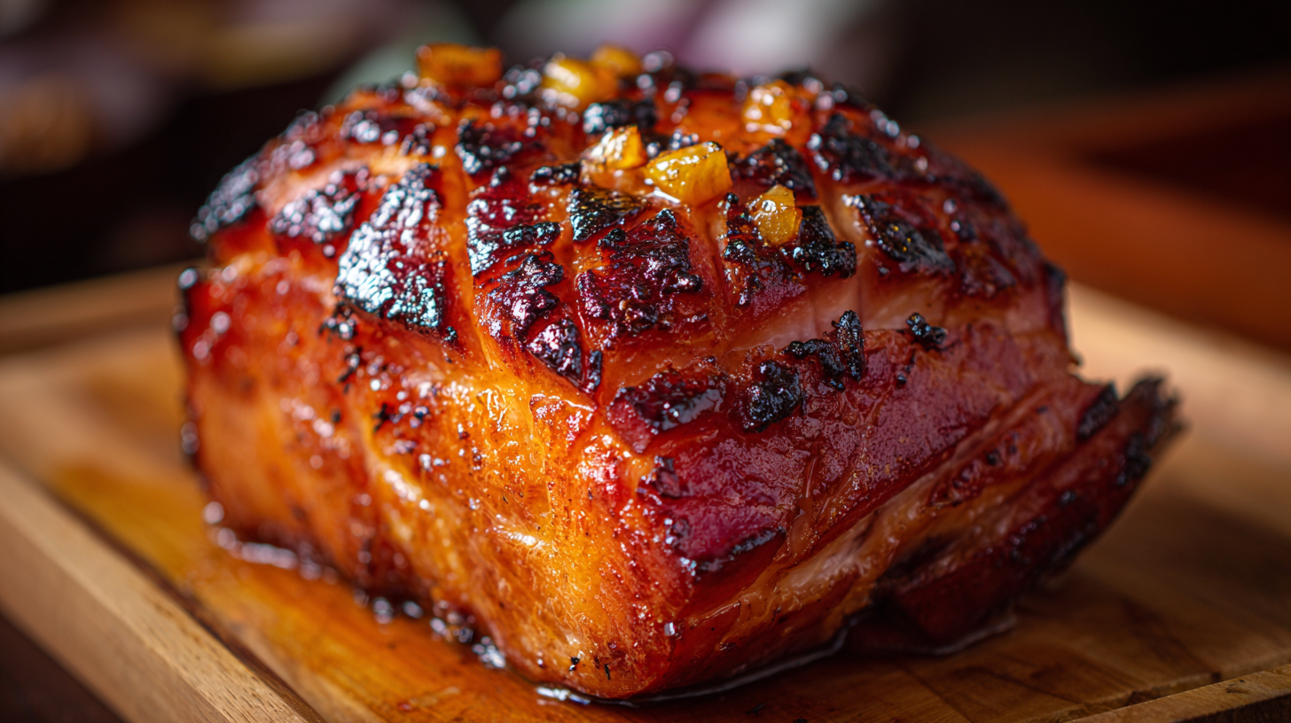 Pineapple glazed ham baked with caramelized pineapple slices and sweet brown sugar sauce, holiday dinner centerpiece