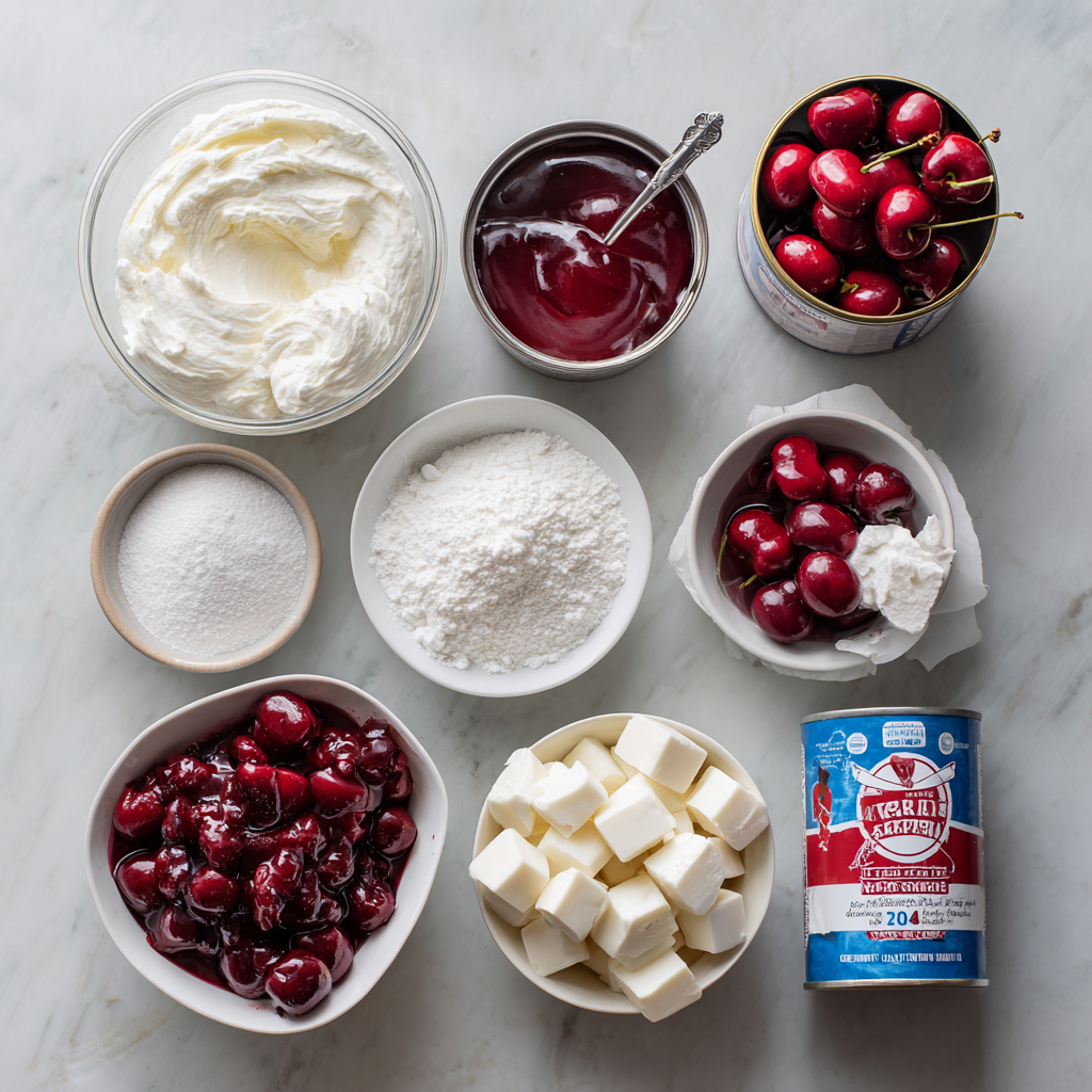 Various ingredients for cherry dessert preparation.