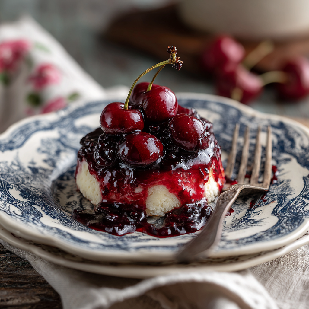 Dessert topped with cherries and sauce